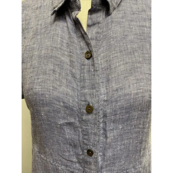 NIC ZOE Drifty Linen Shirt Dress Indigo Blue Mix Short Sleeve Point Collar - S