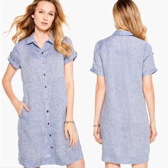 NIC ZOE Drifty Linen Shirt Dress Indigo Blue Mix Short Sleeve Point Collar - S