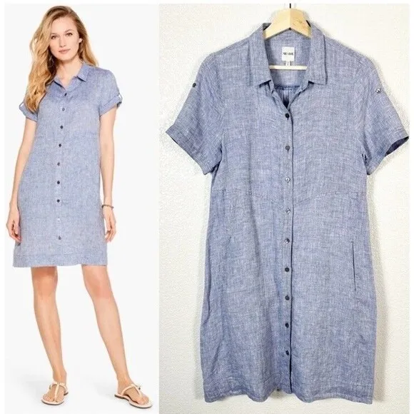 NIC ZOE Drifty Linen Shirt Dress Indigo Blue Mix Short Sleeve Point Collar - S
