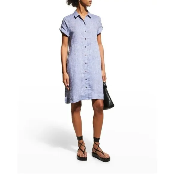 NIC ZOE Drifty Linen Shirt Dress Indigo Blue Mix Short Sleeve Point Collar - S