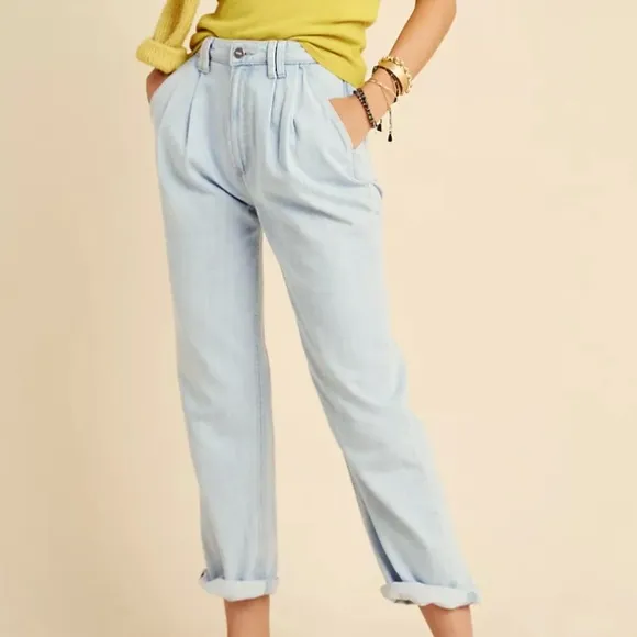 PAIGE Pleated High Rise Trouser Jeans Denim Pant Lightwash Cuff Tapered Leg 28