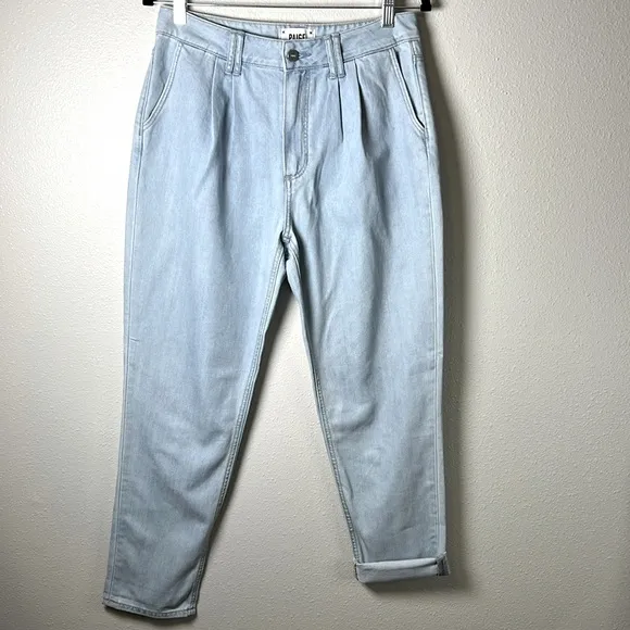 PAIGE Pleated High Rise Trouser Jeans Denim Pant Lightwash Cuff Tapered Leg 28
