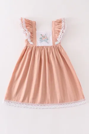 Peach Embroidered Linen Ruffle Dress w/ Hair Bow