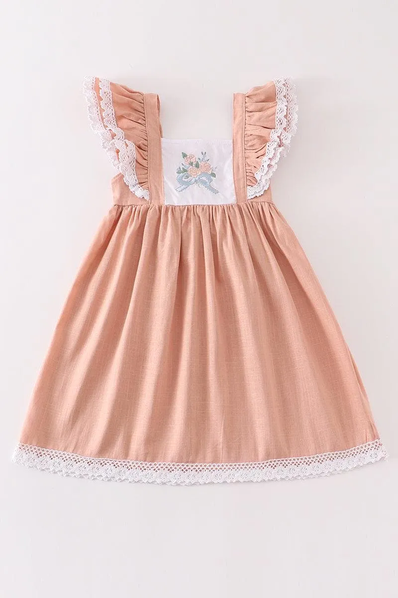 Peach Embroidered Linen Ruffle Dress w/ Hair Bow