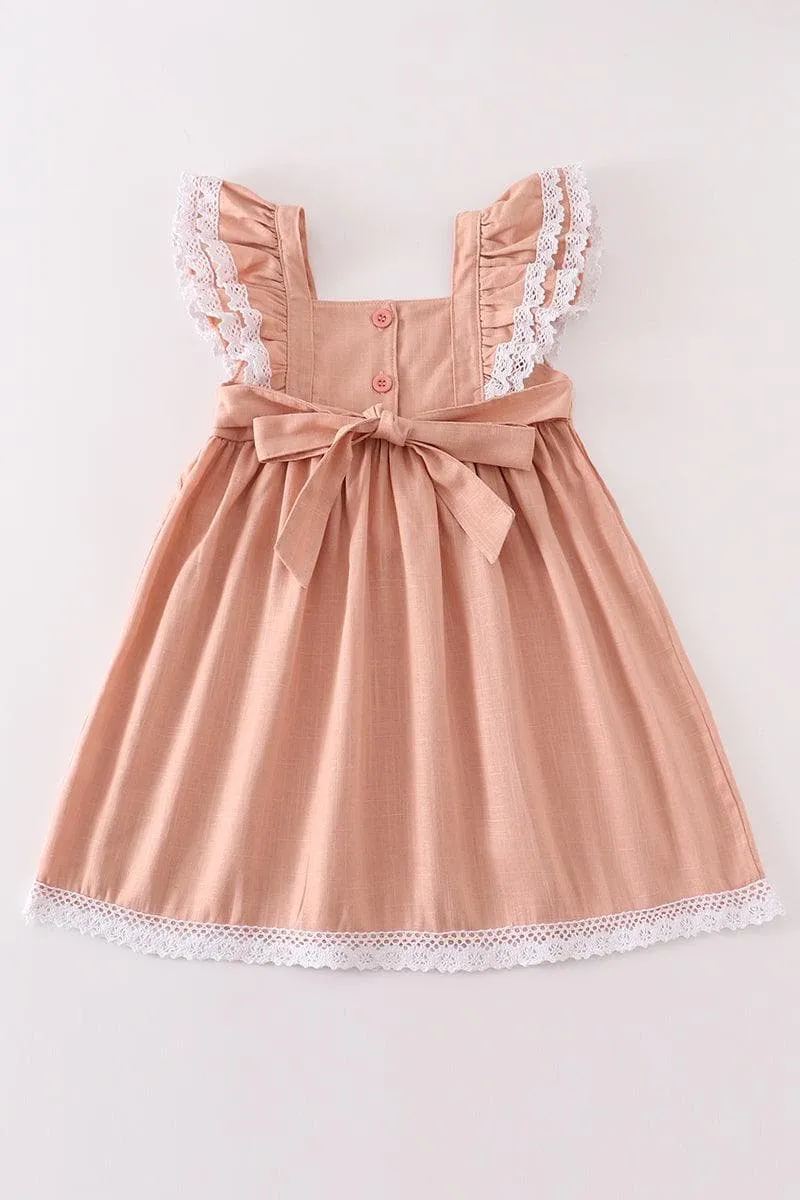 Peach Embroidered Linen Ruffle Dress w/ Hair Bow