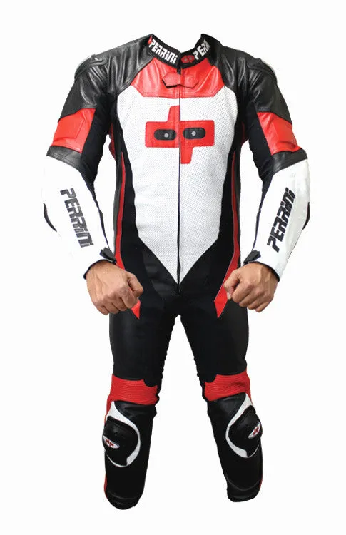 Perrini Pulsar 1Pc Red White & Black Genuine Leather Motorbike Riding Racing Suit