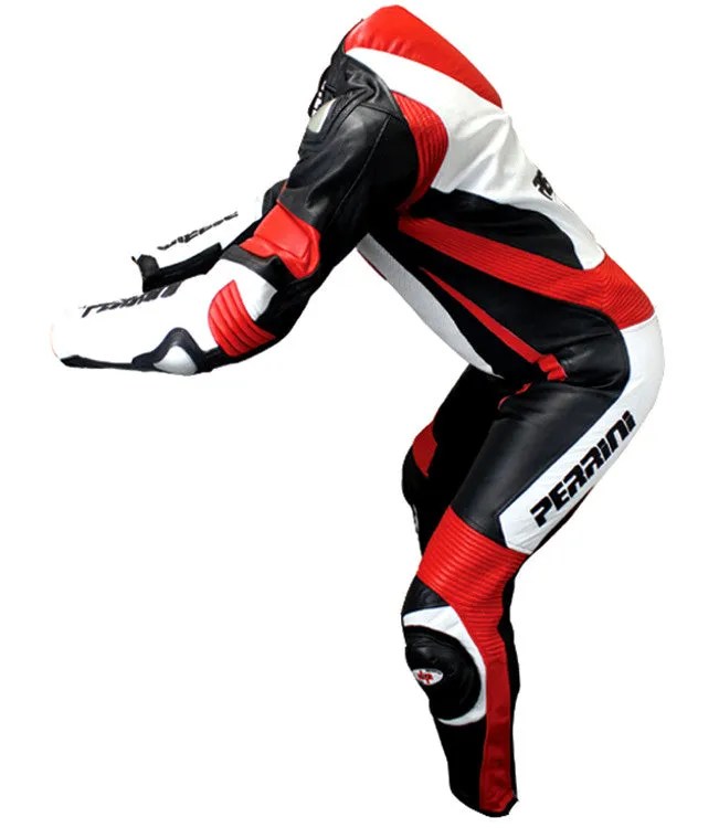 Perrini Pulsar 1Pc Red White & Black Genuine Leather Motorbike Riding Racing Suit