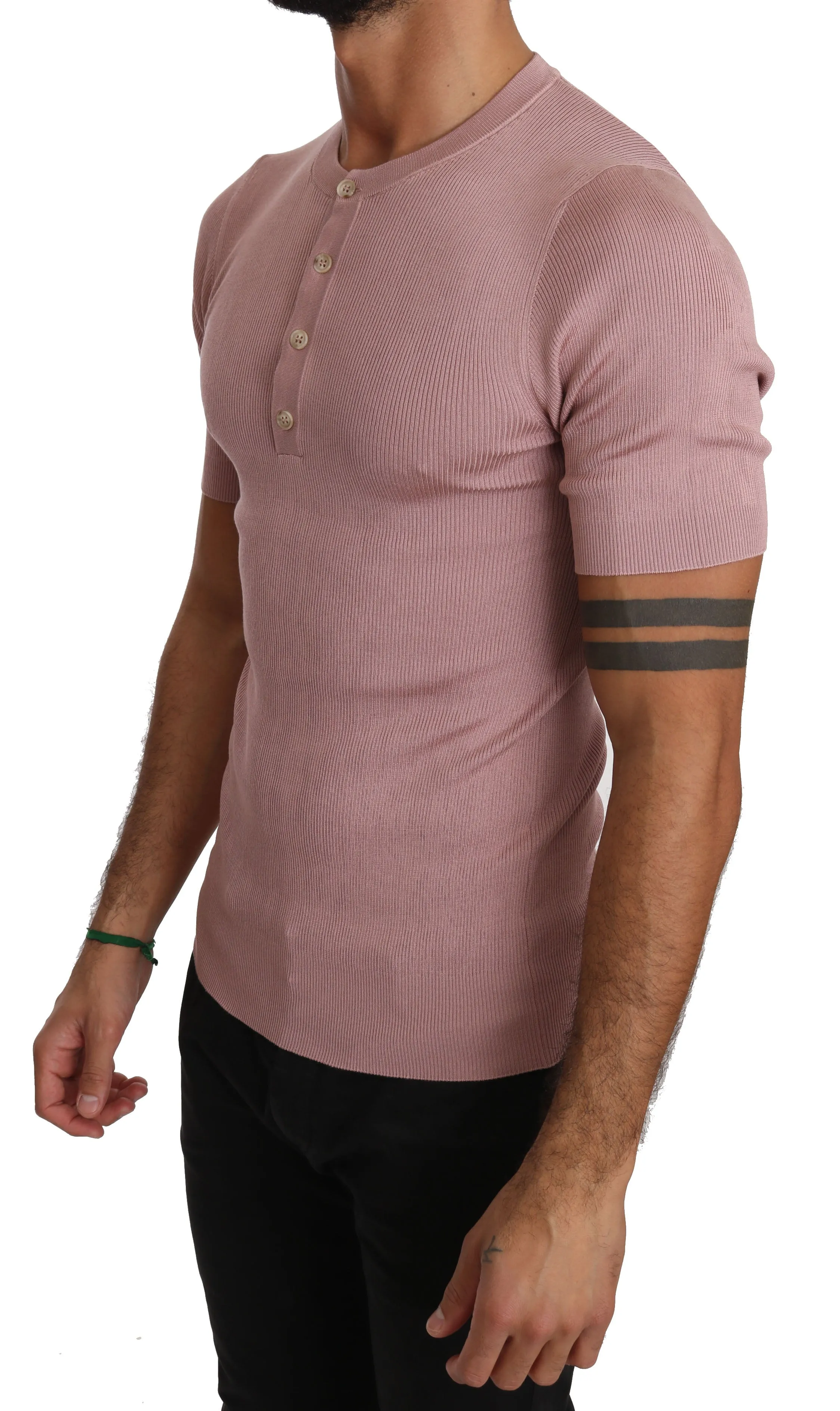 Pink 100% Silk Henley Top T-shirt