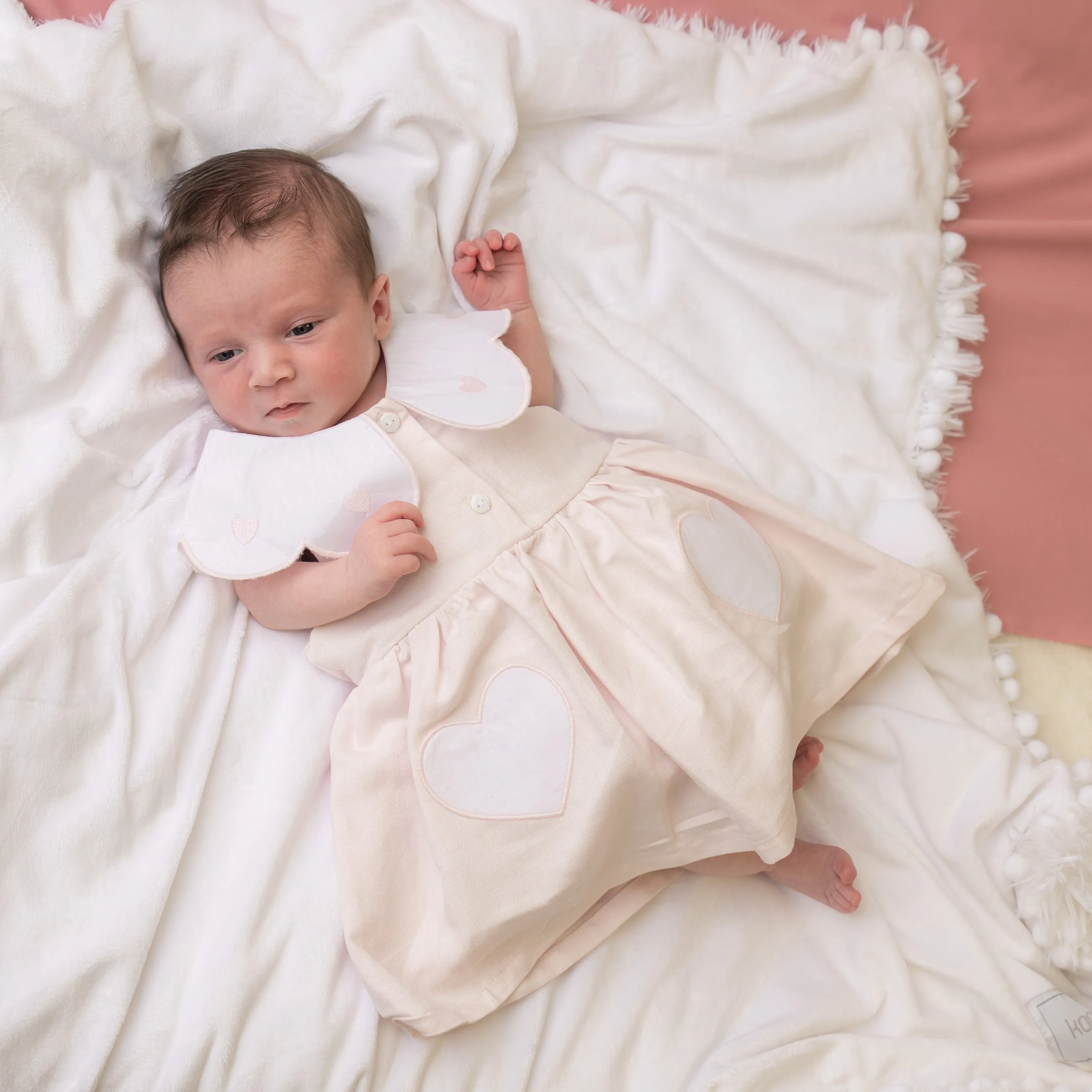 Pink Linen Scallop Heart Jampant Set With Bonnet