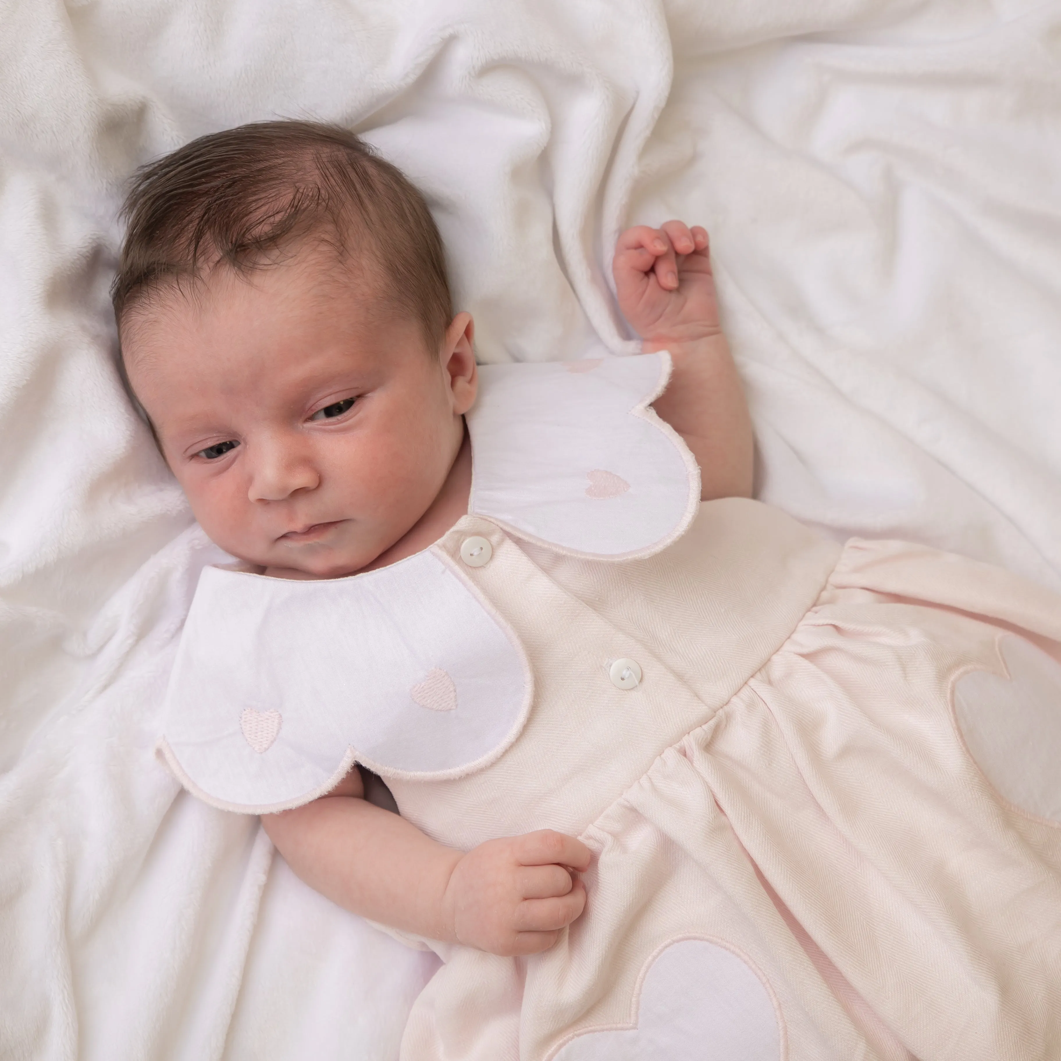 Pink Linen Scallop Heart Jampant Set With Bonnet