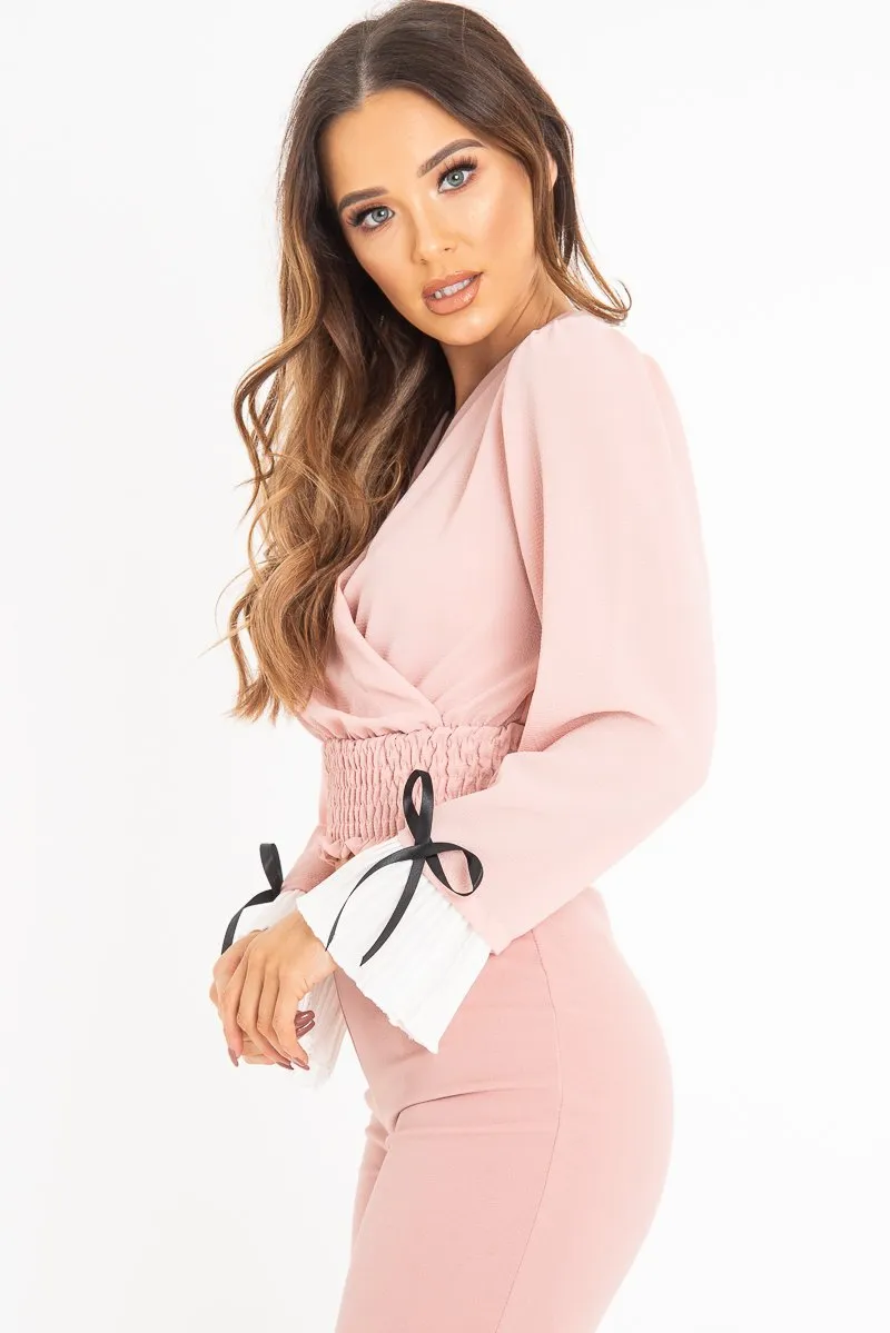 Pink Plunge Shirred Waist Pleated Sleeve Blouse - Skylar