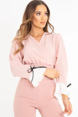 Pink Plunge Shirred Waist Pleated Sleeve Blouse - Skylar