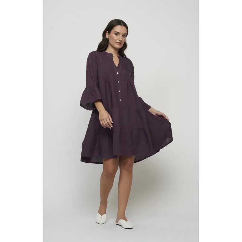 Pistache Linen Tiered Dress w/ Ruffle Sleeves