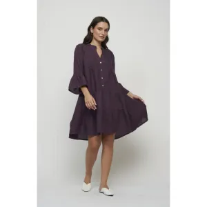 Pistache Linen Tiered Dress w/ Ruffle Sleeves