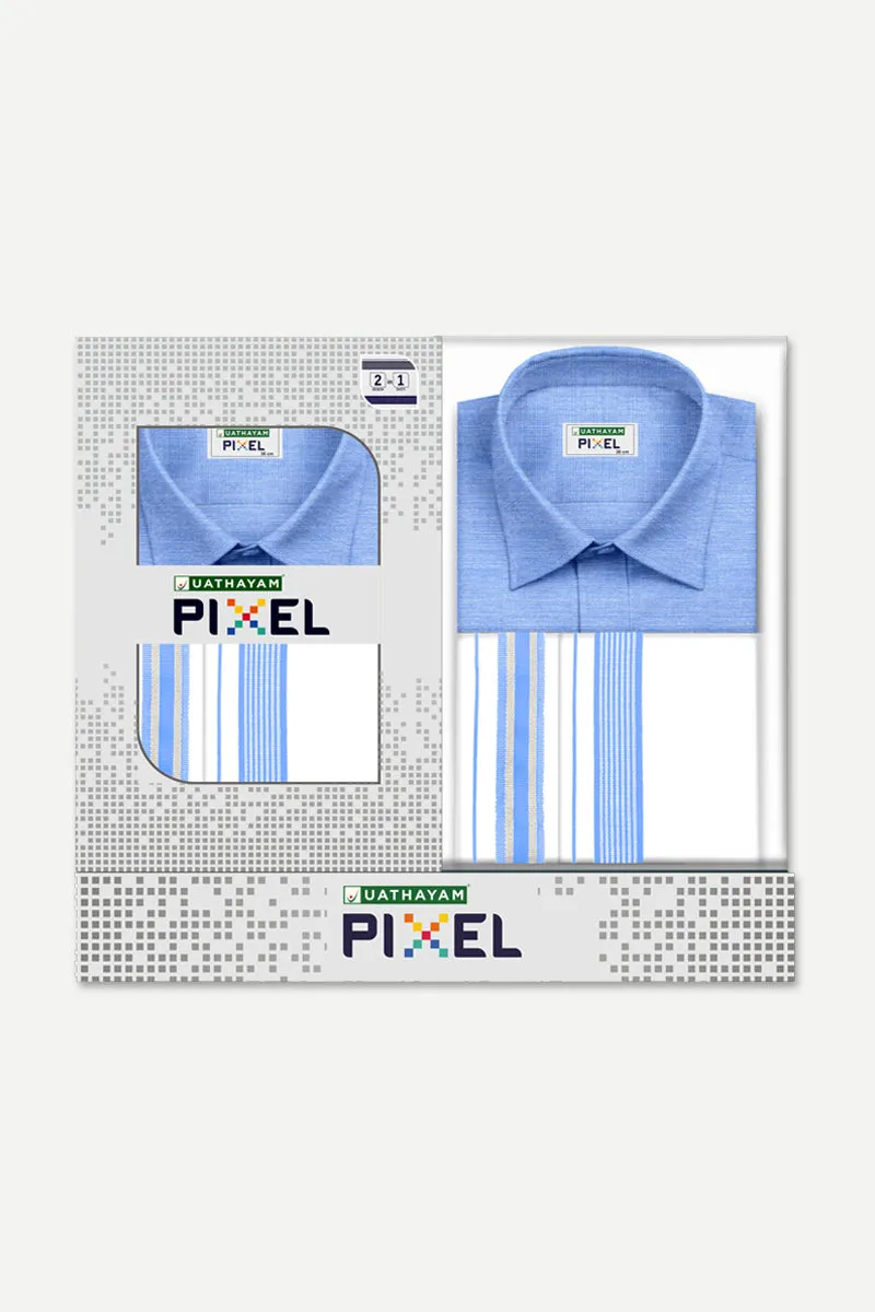 Pixel - Pastel Blue Matching Shirt and Double Design Fancy Border Dhoti Set For Men | Uathayam