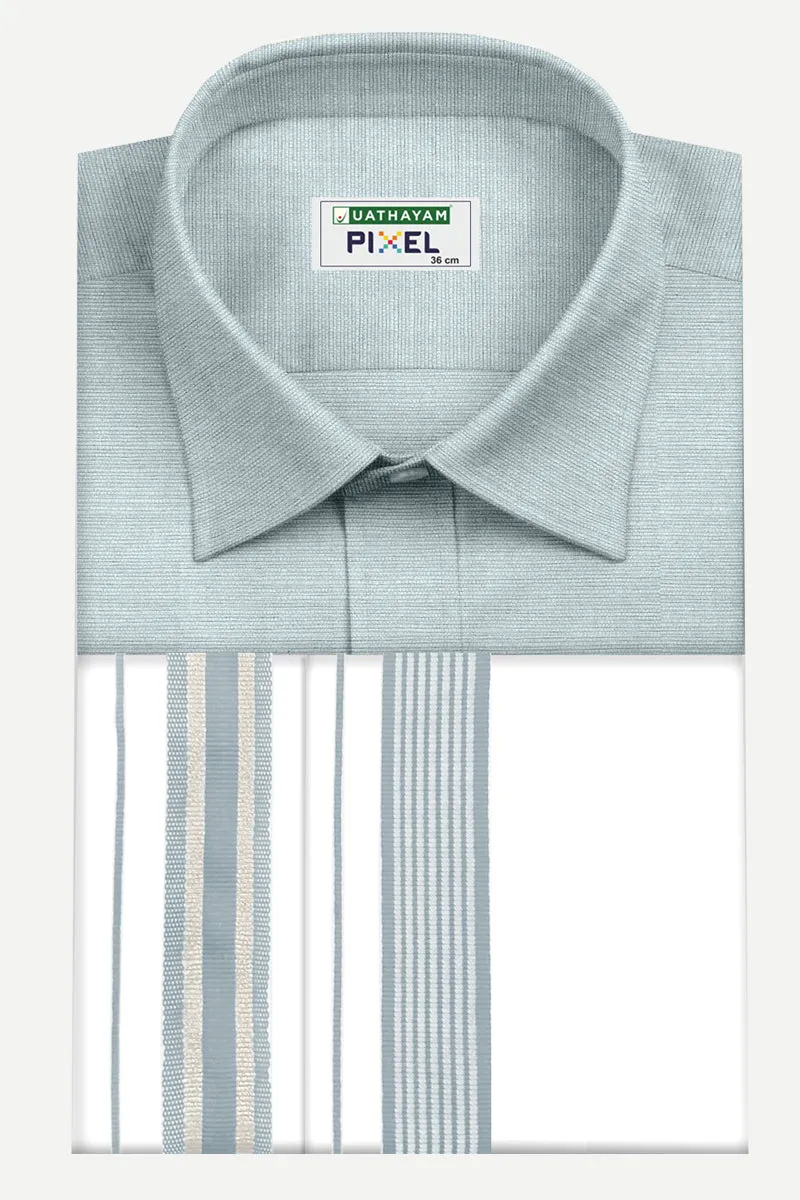 Pixel - Silver Gray Matching Shirt and Double Design Fancy Border Dhoti Set For Men | Uathayam