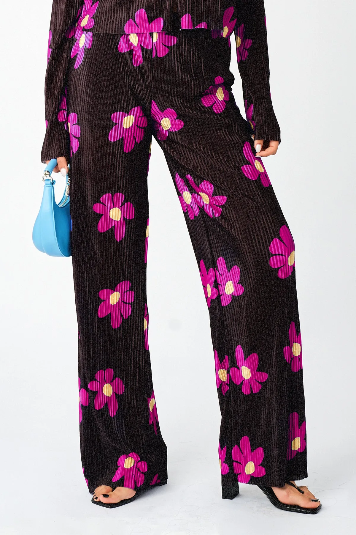 Plisse Solid Pleat Floral Print Wide Leg Culotte Trousers