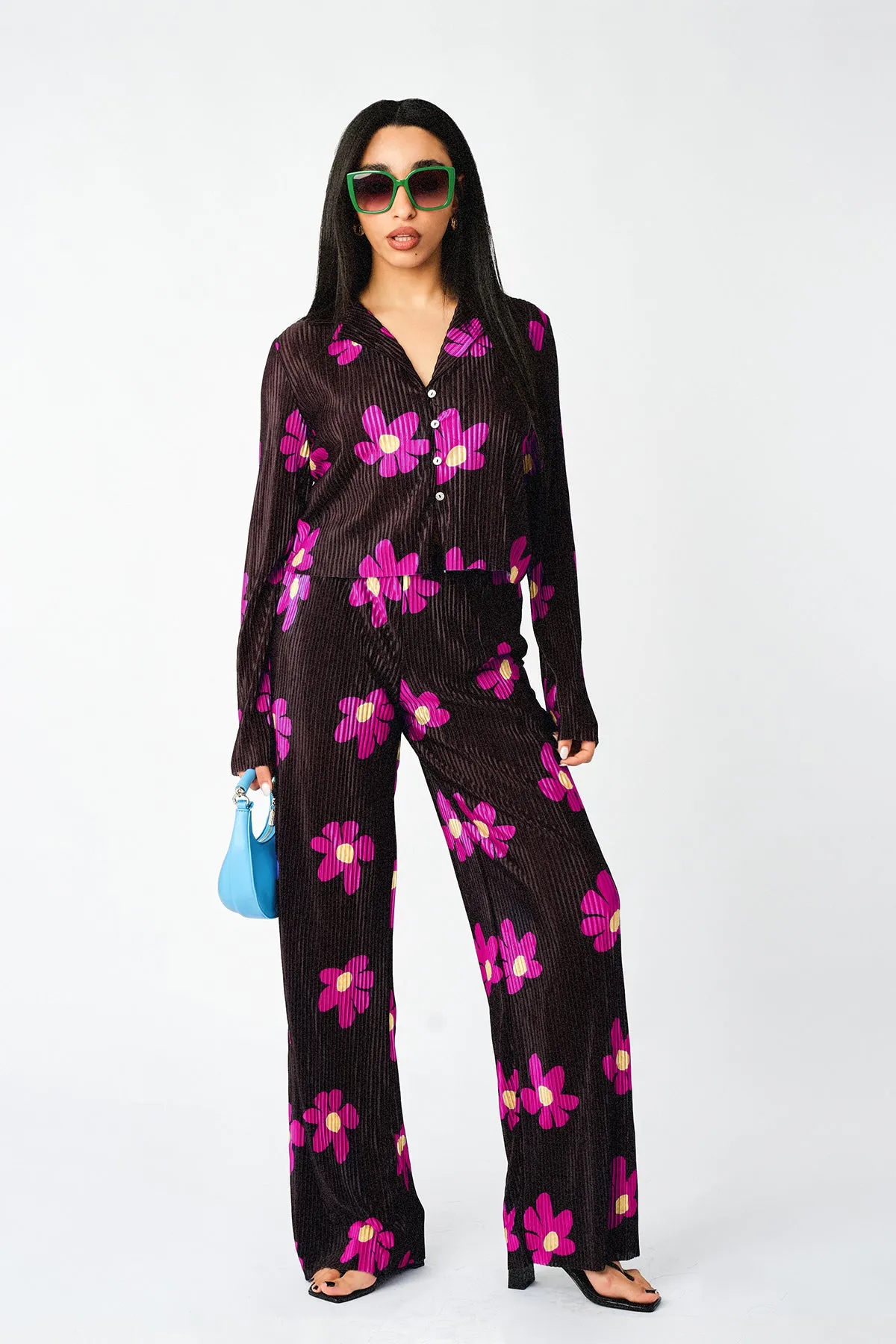 Plisse Solid Pleat Floral Print Wide Leg Culotte Trousers