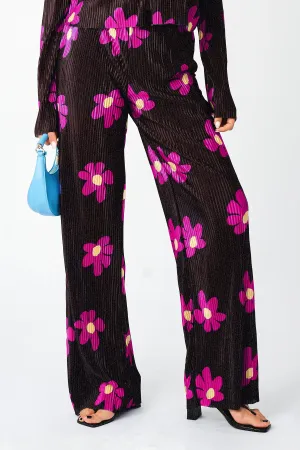 Plisse Solid Pleat Floral Print Wide Leg Culotte Trousers