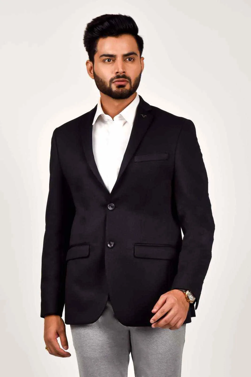 Plus Size of Black Knitted Dobby Blazer