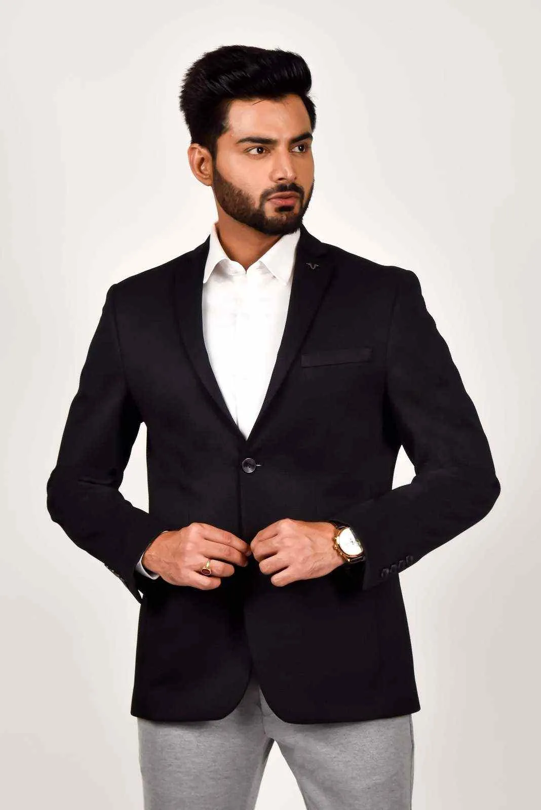 Plus Size of Black Knitted Dobby Blazer