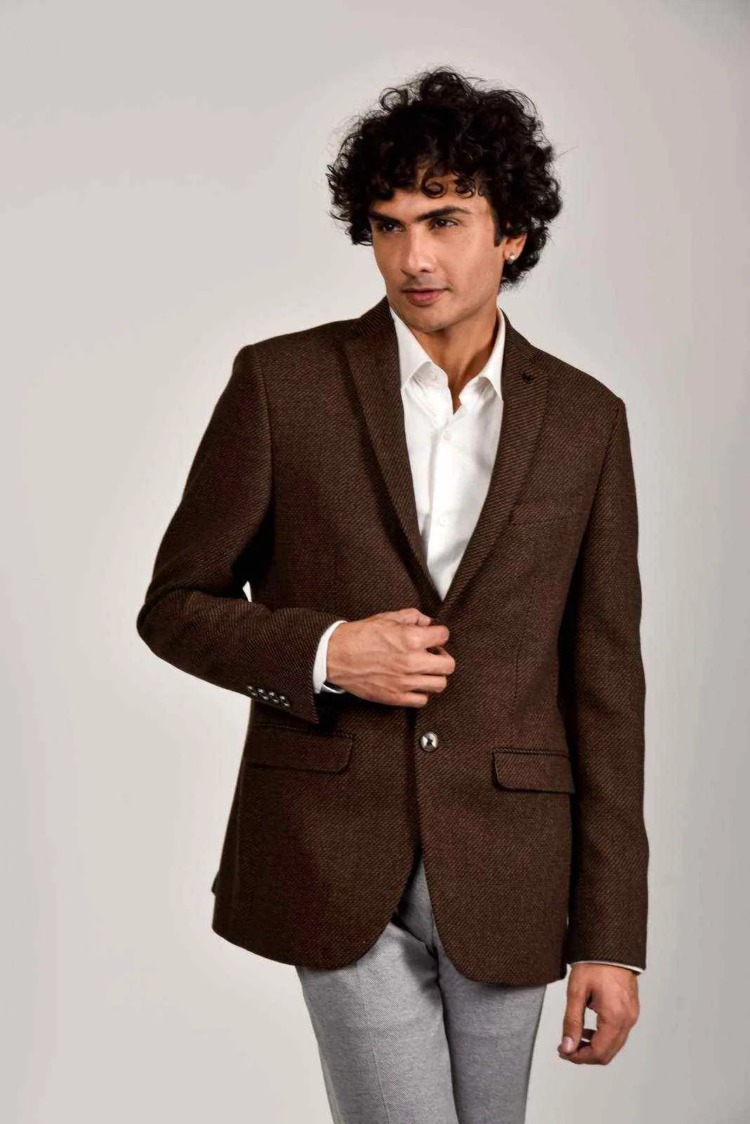 Plus Size of Brown Tweed Woven Blazer