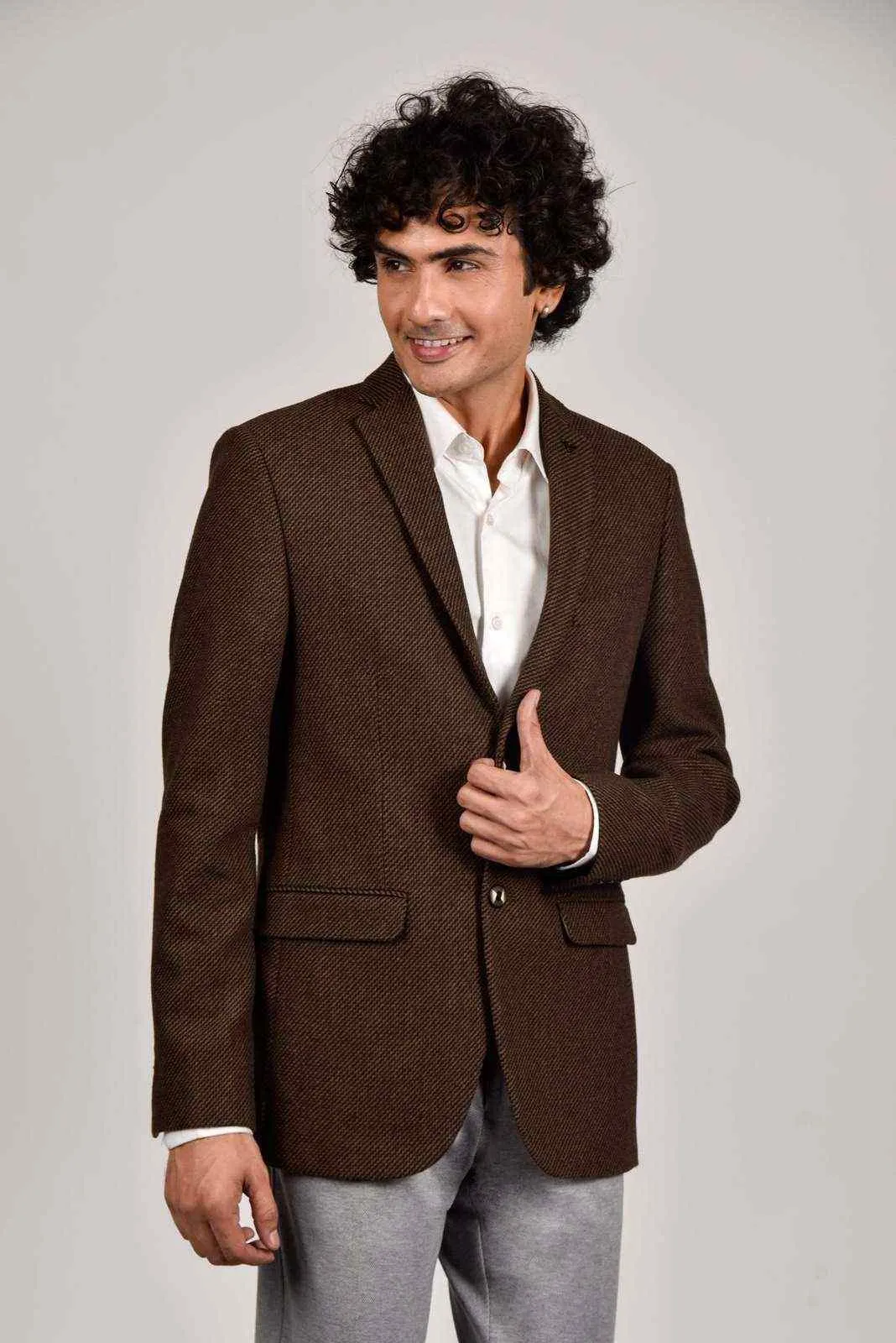 Plus Size of Brown Tweed Woven Blazer