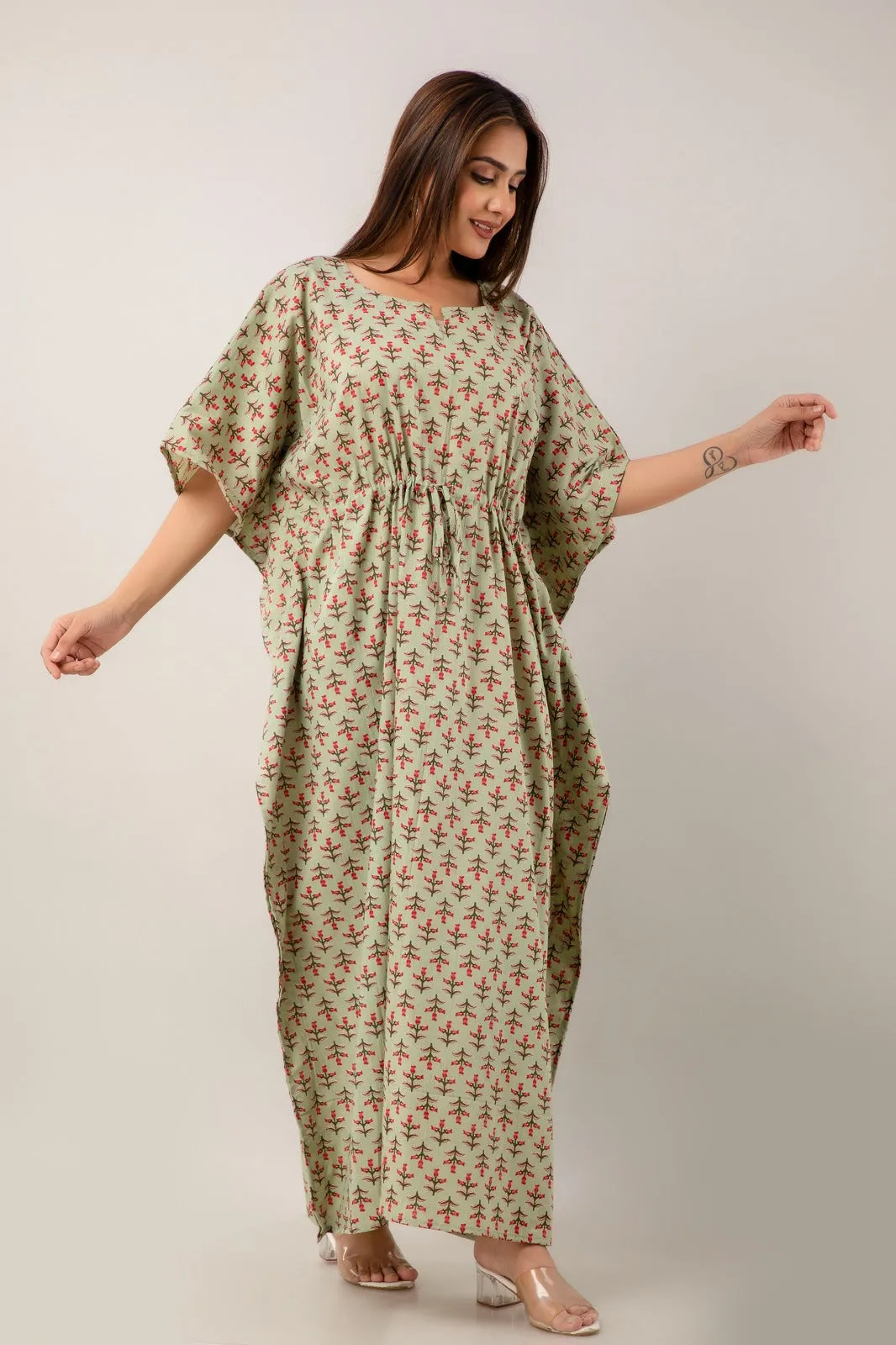 Printed Green Color Cotton Kaftan