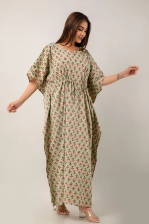 Printed Green Color Cotton Kaftan