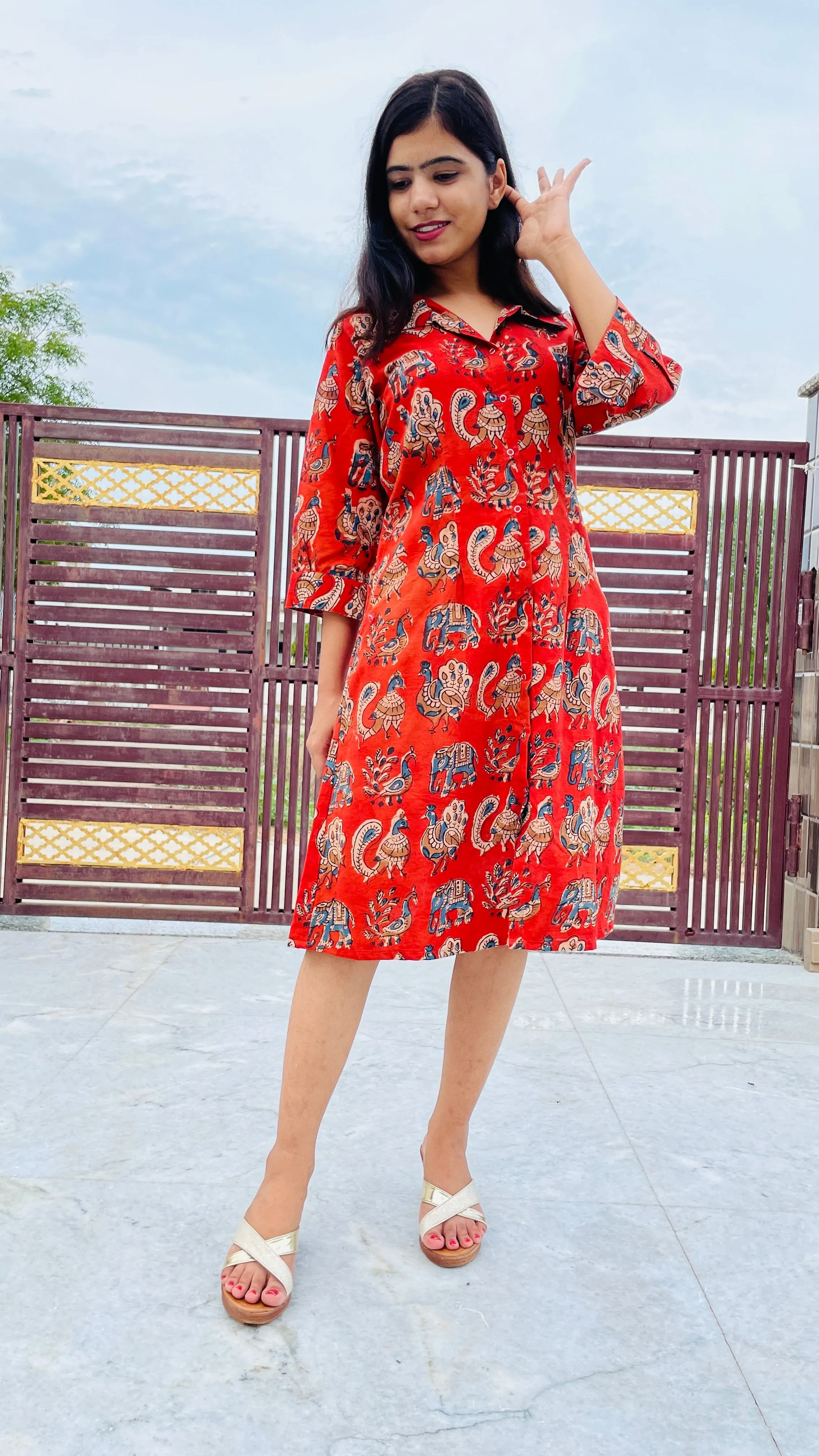Red Block Printed, Button Up Dress, Pure Cambric Cotton Fabric