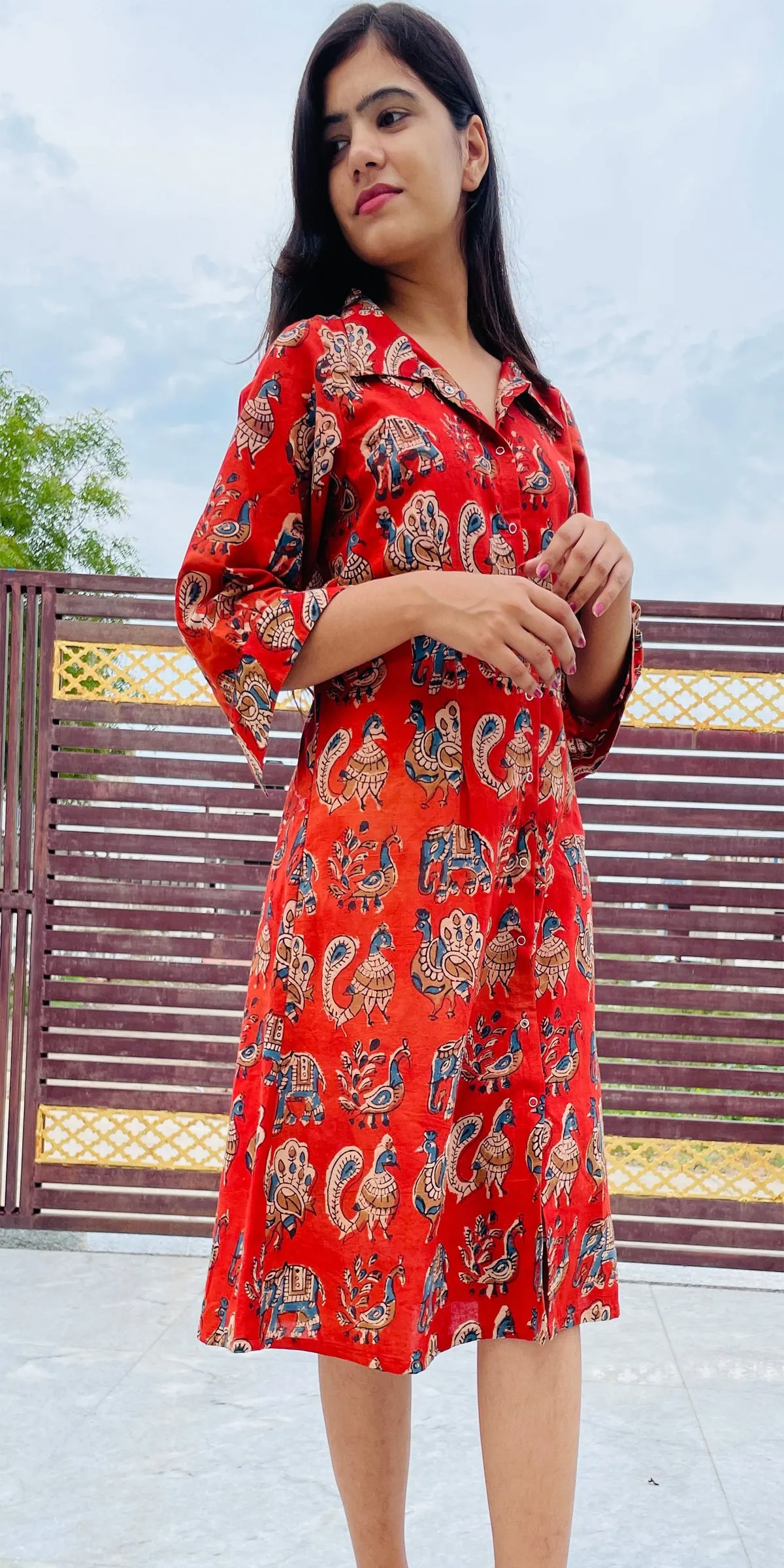 Red Block Printed, Button Up Dress, Pure Cambric Cotton Fabric