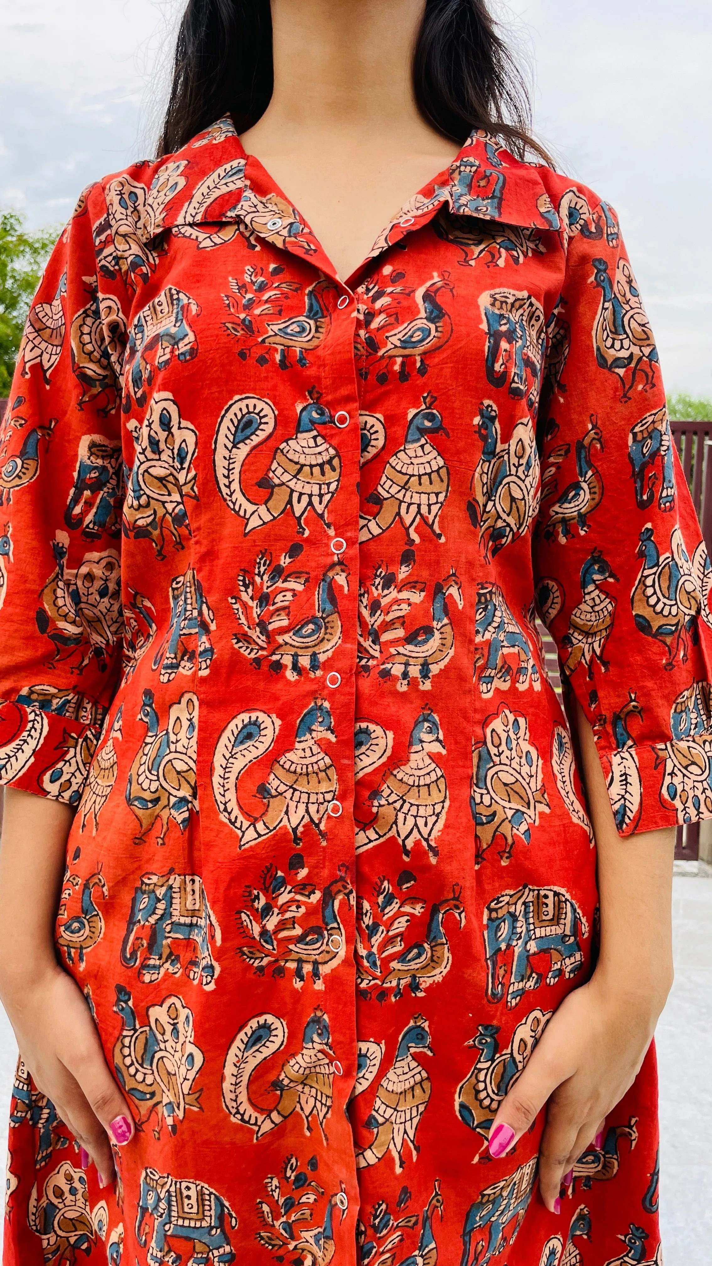 Red Block Printed, Button Up Dress, Pure Cambric Cotton Fabric