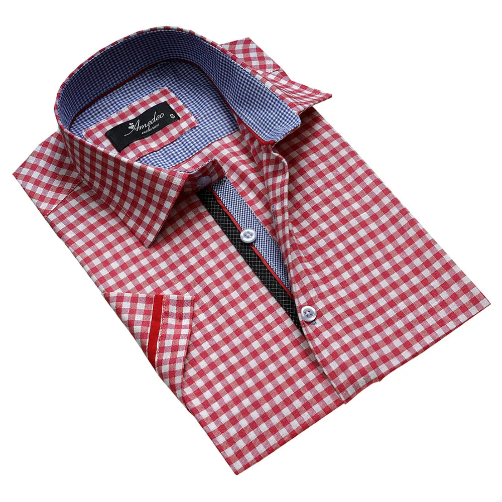 Red White Checkered Mens Short Sleeve Button up Shirts - Tailored Slim Fit Cotton Dress Shirts