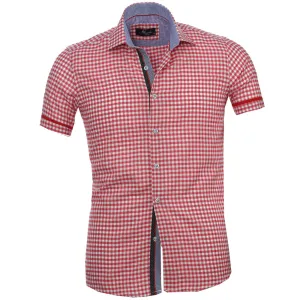 Red White Checkered Mens Short Sleeve Button up Shirts - Tailored Slim Fit Cotton Dress Shirts