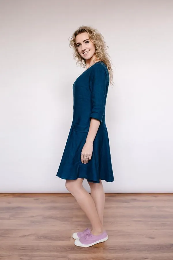 Round-Neck Circle Skirt Linen Dress