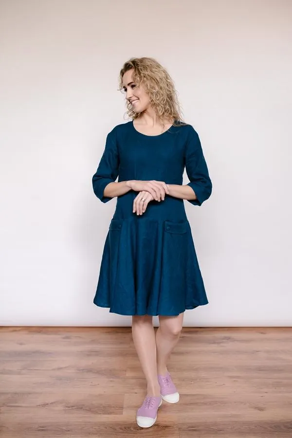 Round-Neck Circle Skirt Linen Dress