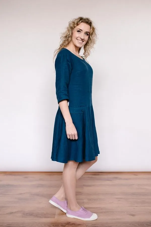 Round-Neck Circle Skirt Linen Dress