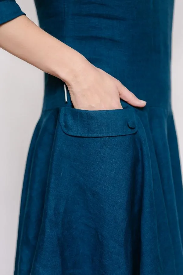 Round-Neck Circle Skirt Linen Dress