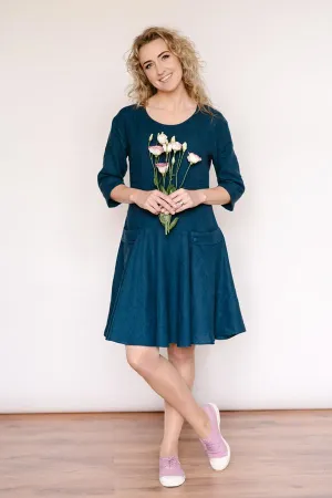 Round-Neck Circle Skirt Linen Dress