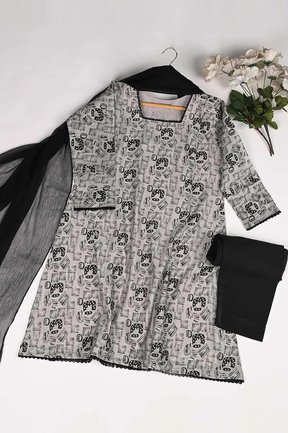 RTW-160-Grey - 3Pc Stitched Cotton Dress