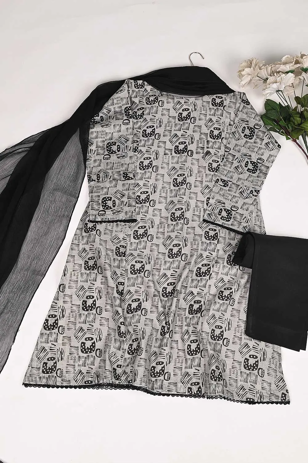 RTW-160-Grey - 3Pc Stitched Cotton Dress