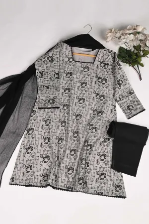 RTW-160-Grey - 3Pc Stitched Cotton Dress
