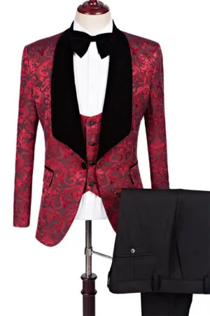 Ruby Flower Slim Fit Pattern Prom Suits Designer Three Pieces Jacquard Men Suits