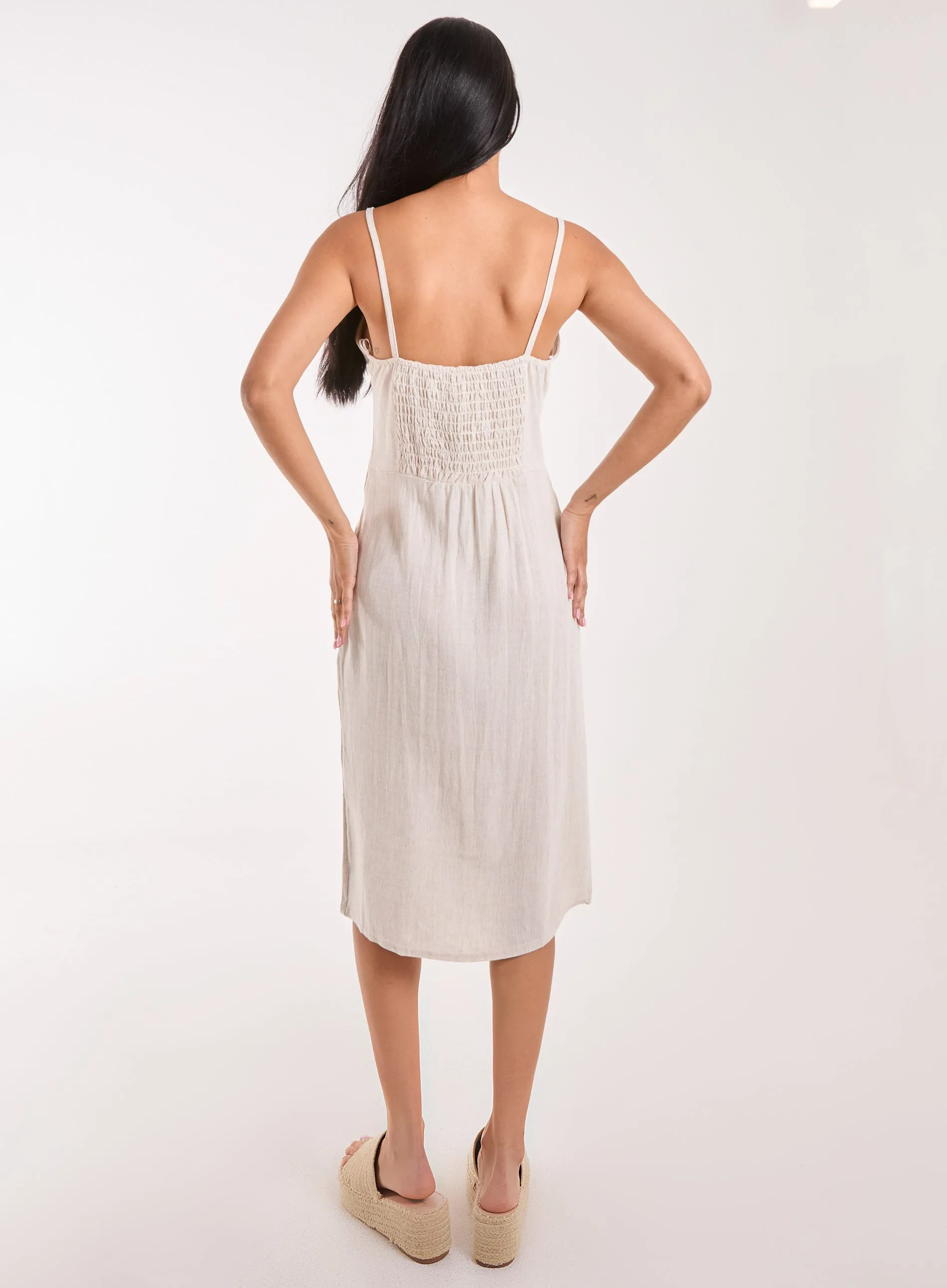 Ruched Linen Style Midi Dress