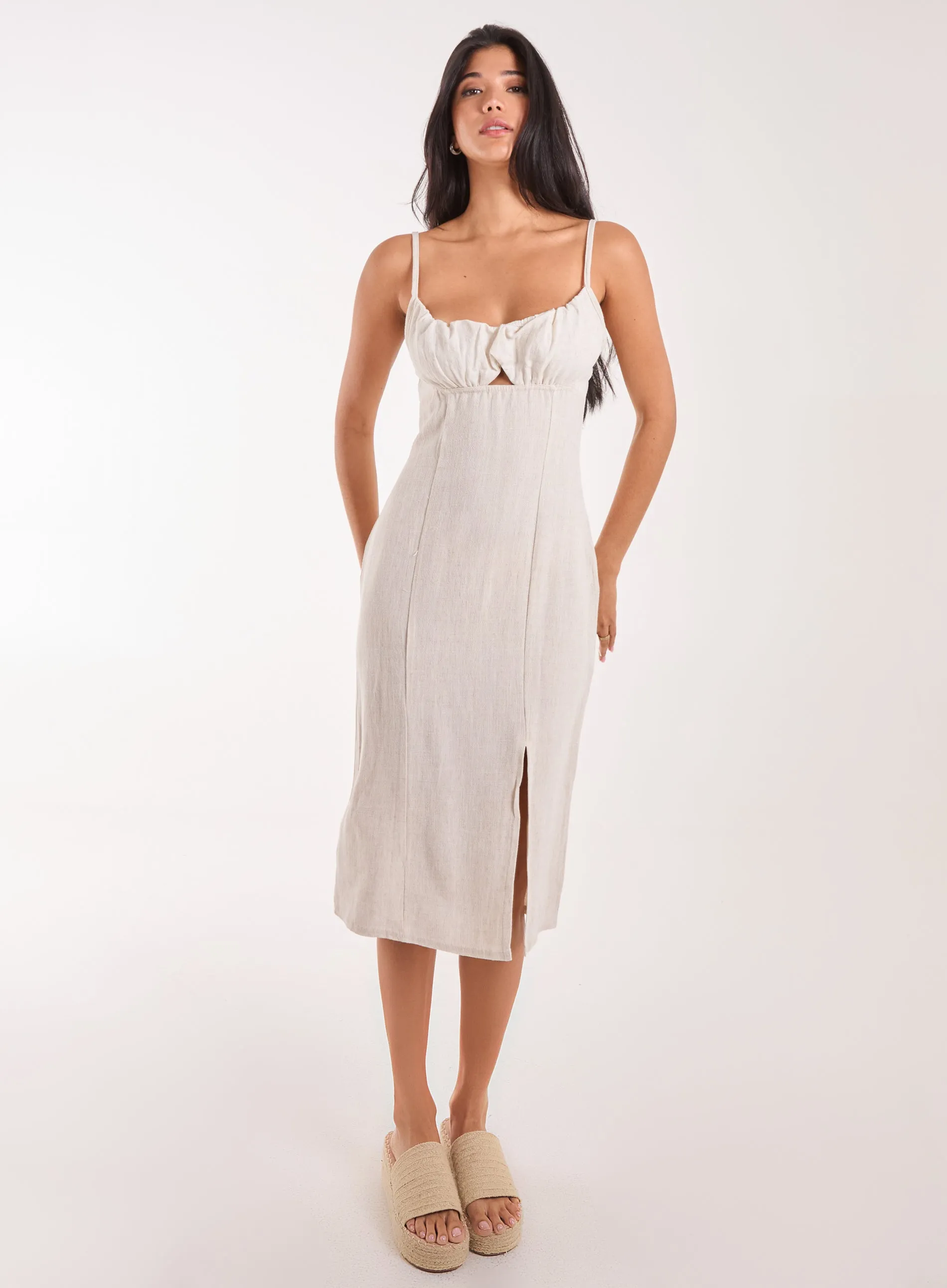 Ruched Linen Style Midi Dress