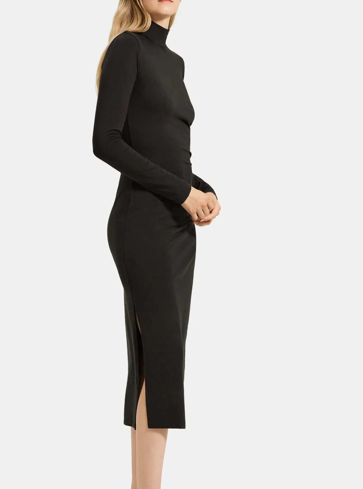 Ruched Turtleneck Dress in Pima Cotton Jersey