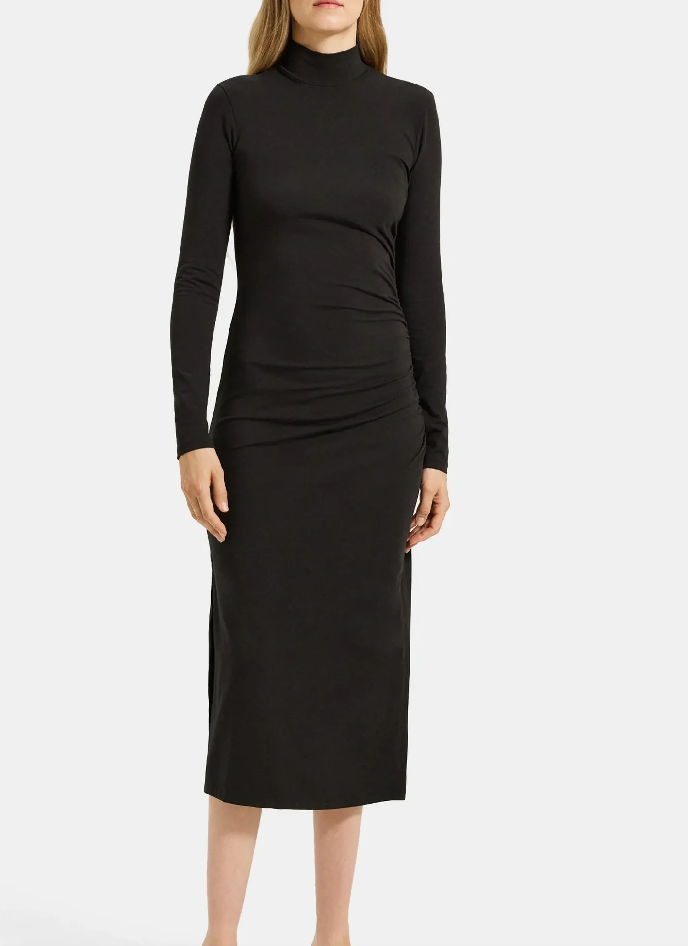 Ruched Turtleneck Dress in Pima Cotton Jersey