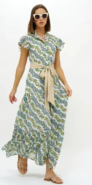 Ruffle Collar Button Maxi Dress in Lupina Periwinkle