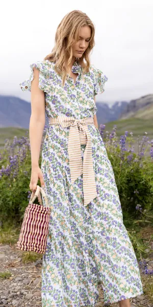 Ruffle Collar Button Maxi Dress in Lupina Periwinkle
