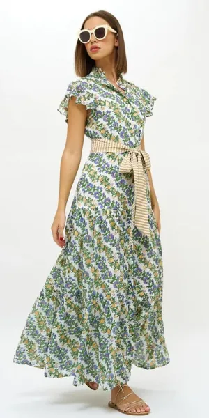Ruffle Collar Button Maxi Dress in Lupina Periwinkle